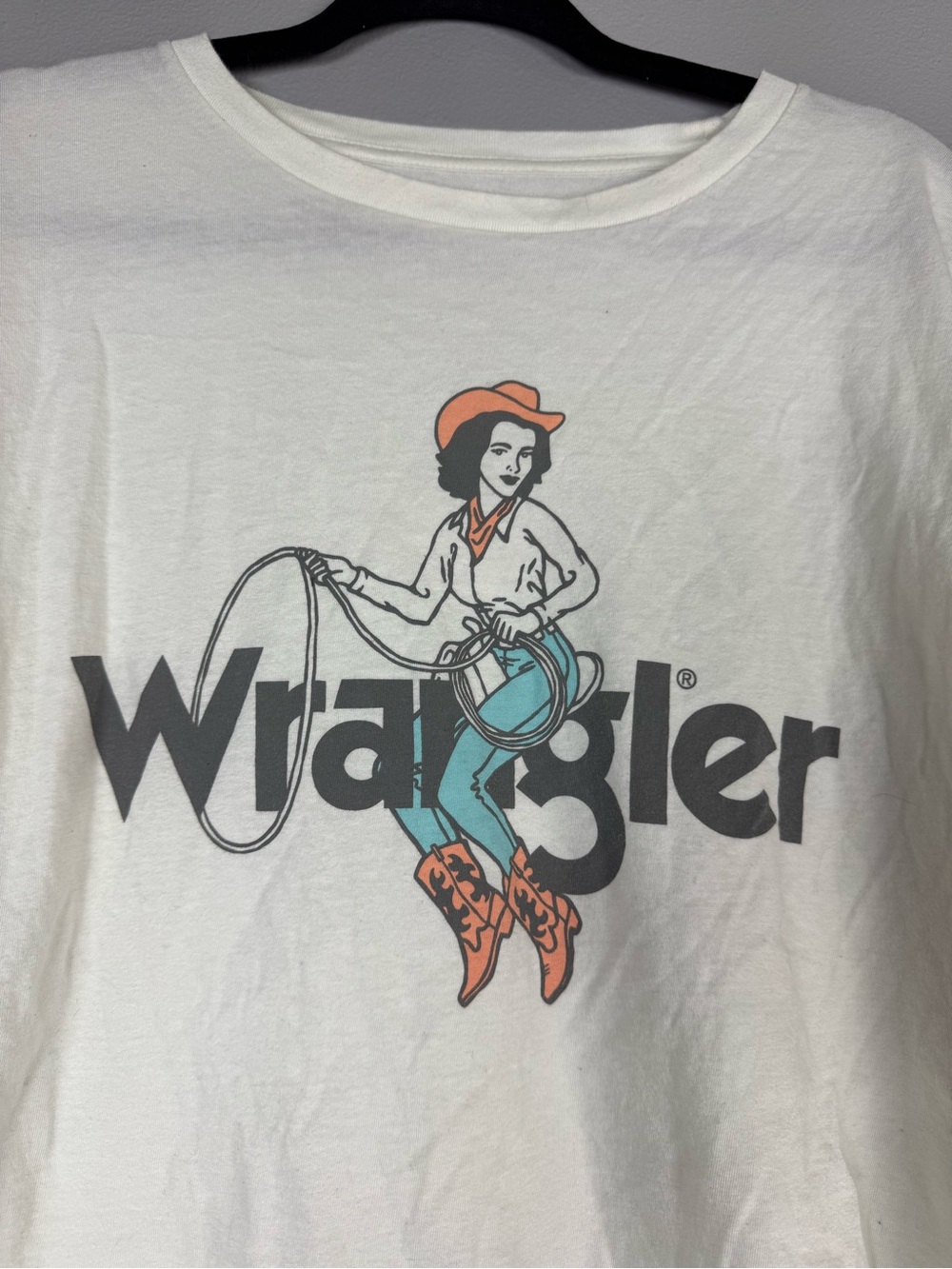 Wrangler White Cropped Tee with Orange and Teal Cowgirl Graphic - Picture 3 of 5